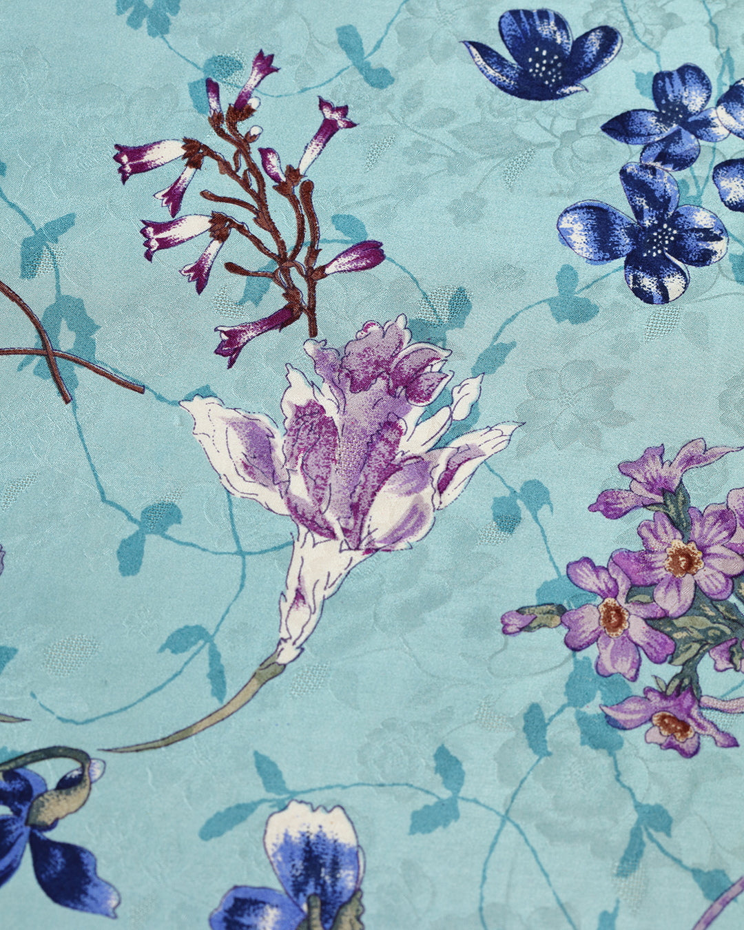Aqua Green With Contrast Floral Printed Jacquard Silk