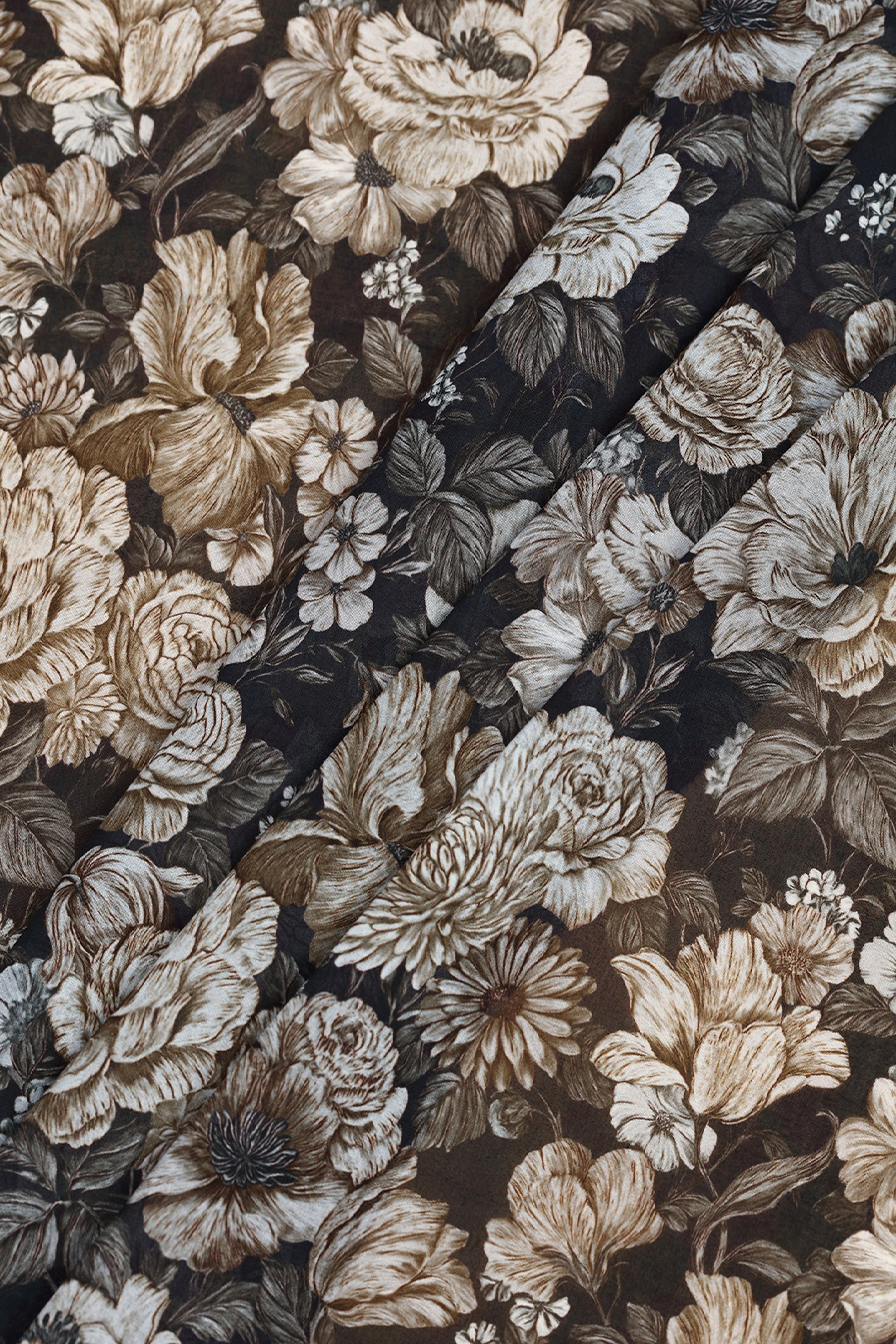 Charcoal Black WIth Rustic Floral Print Voile