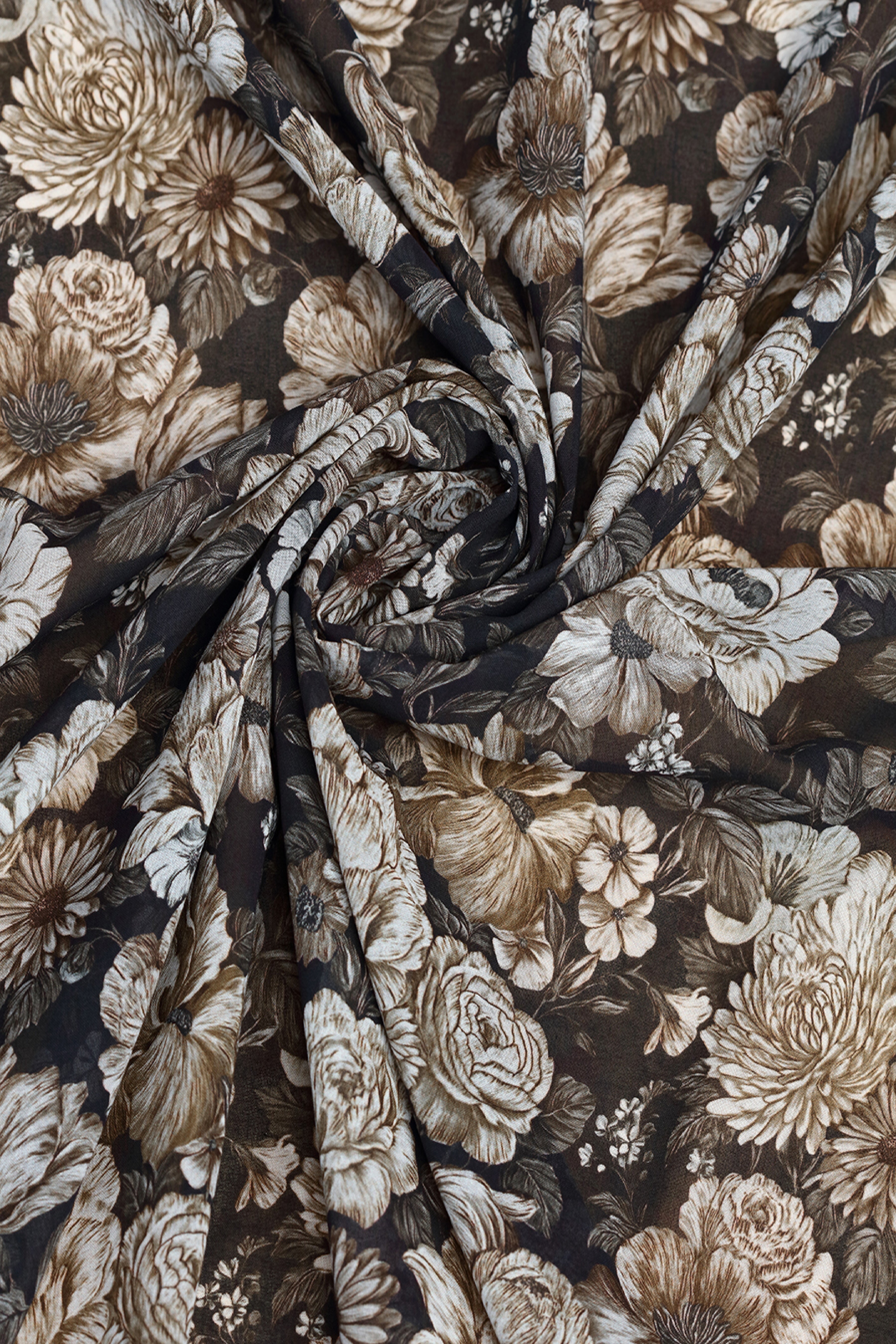 Charcoal Black WIth Rustic Floral Print Voile