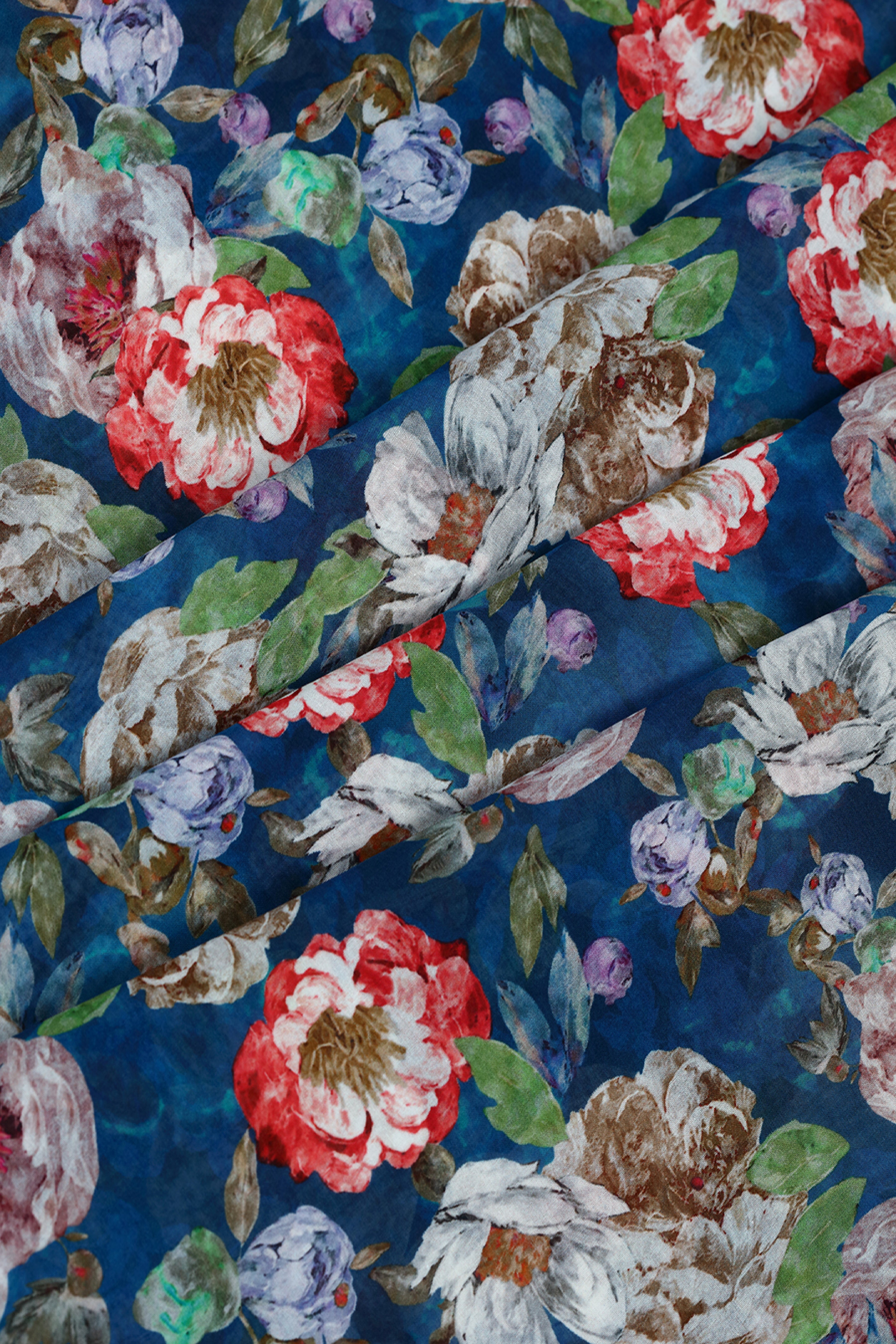 Cosmic Blue With Contrast Floral Printed Voile