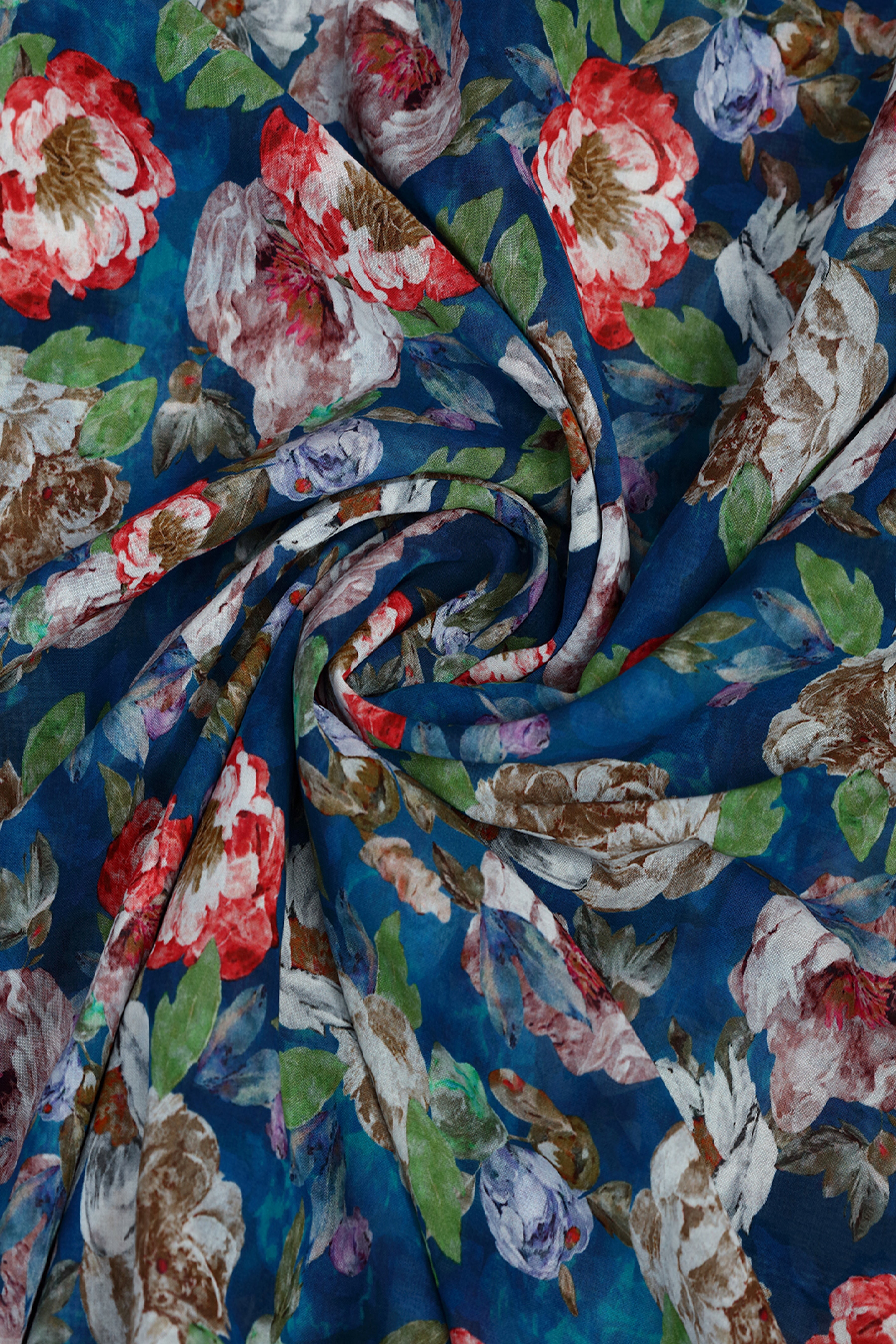 Cosmic Blue With Contrast Floral Printed Voile
