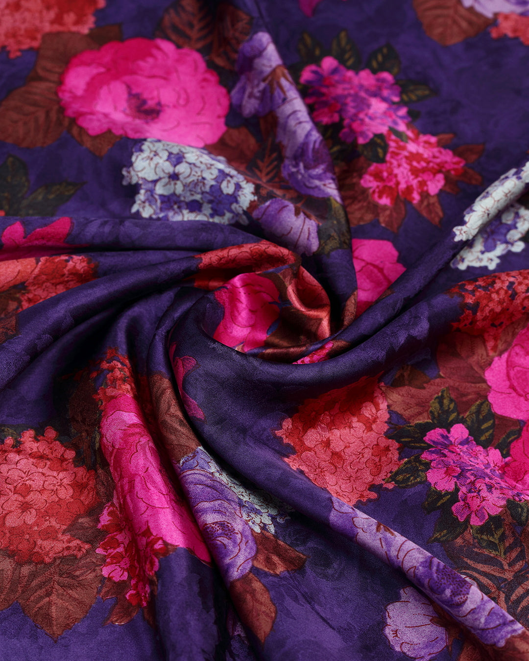 Deep Purple With Contrast Florals Printed Pure Silk