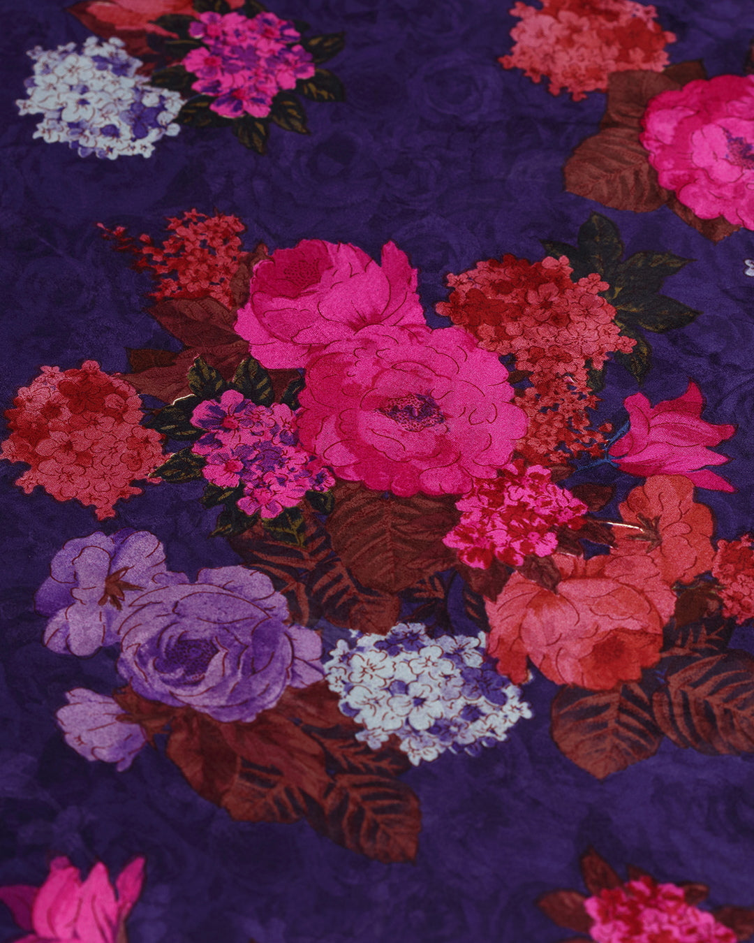 Deep Purple With Contrast Florals Printed Pure Silk