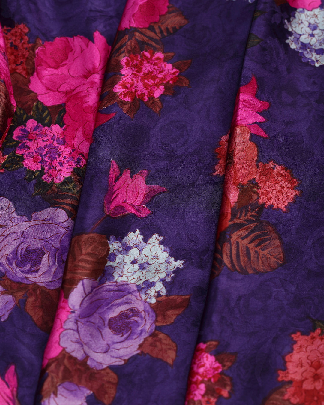 Deep Purple With Contrast Florals Printed Pure Silk