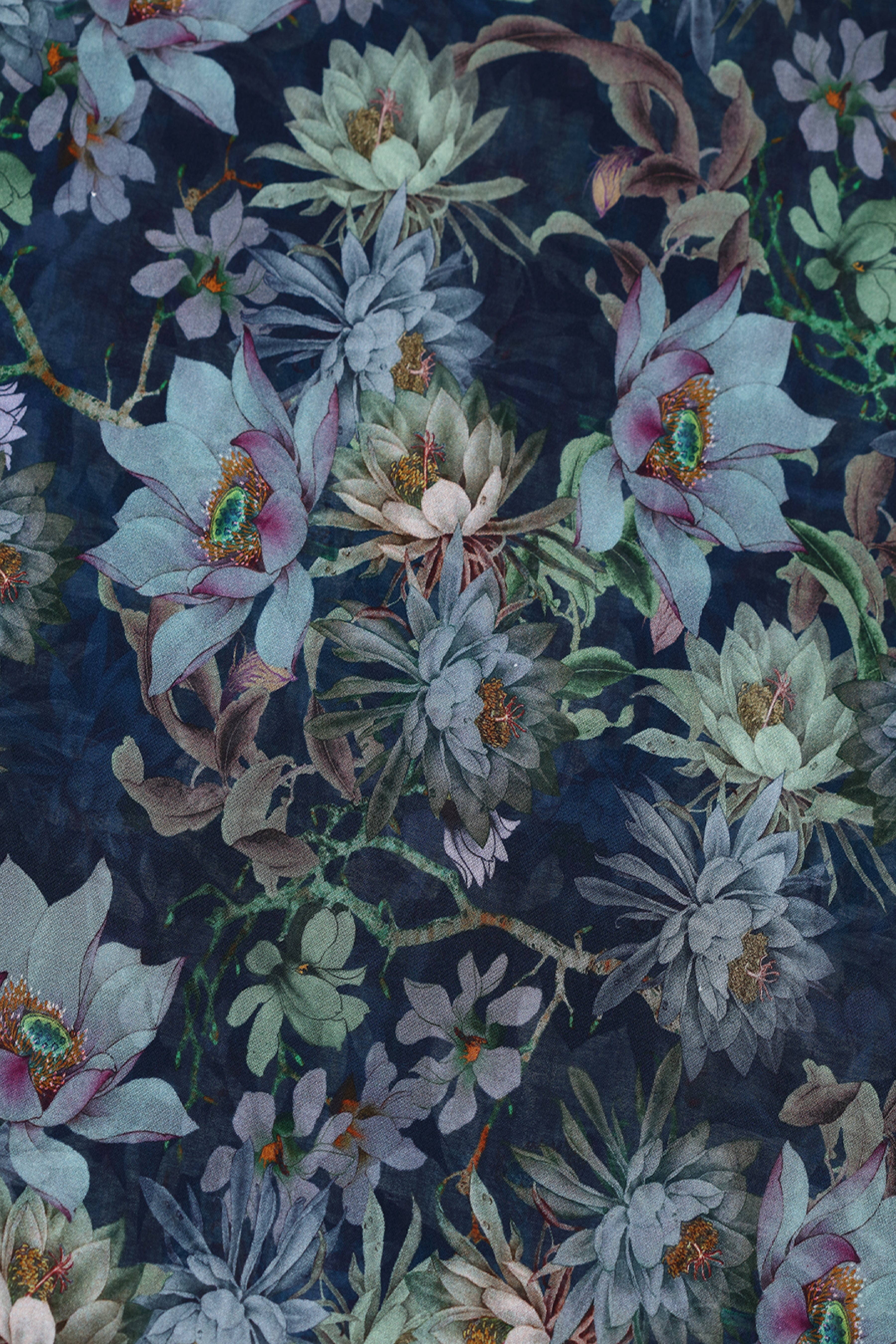 Gloom Black With Fresh Florals Printed Voile