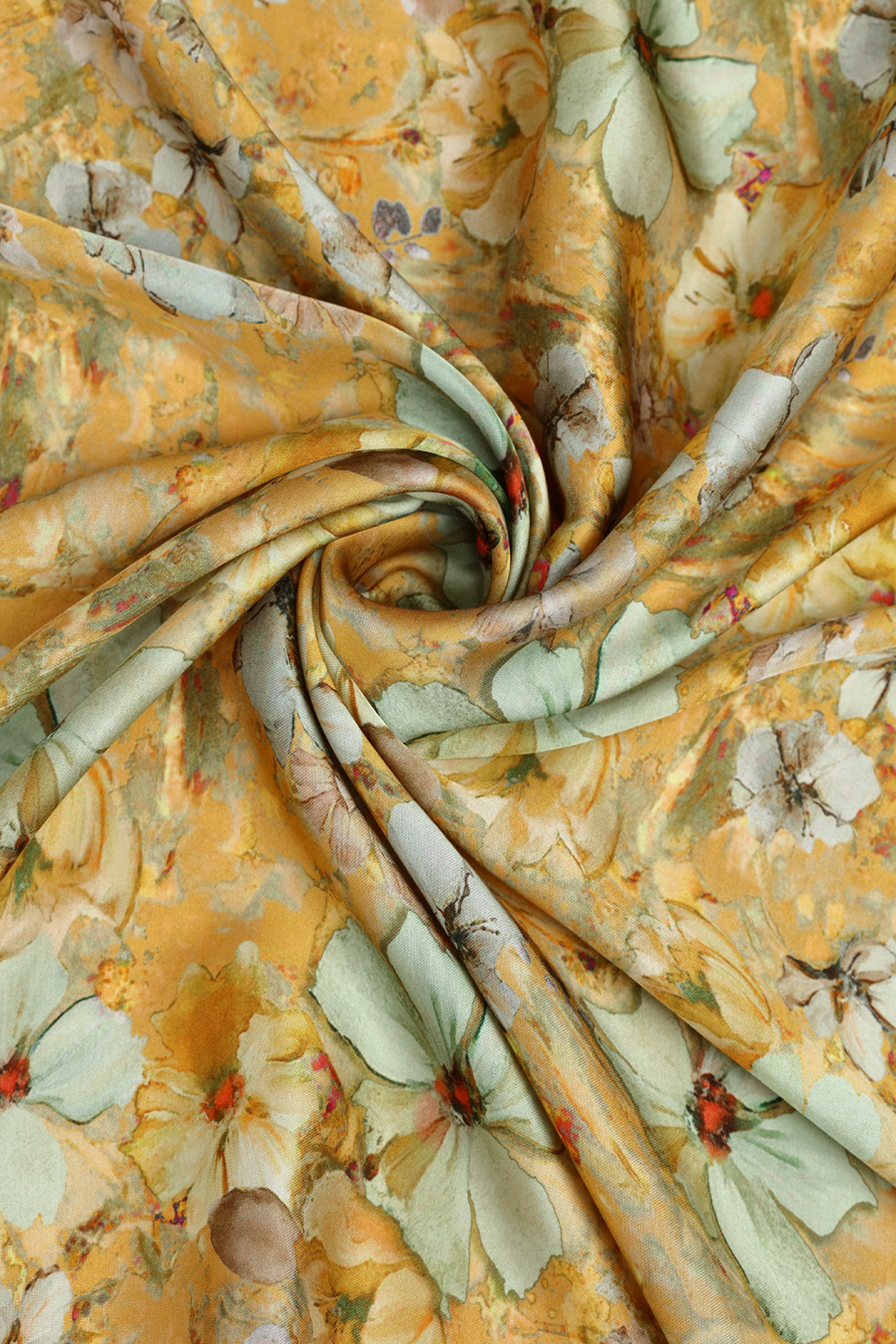 Honey Yellow Floral Printed Modal Satin