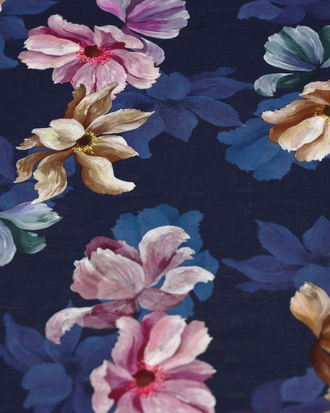 Ink Blue With Contrast Flowers Printed Voile