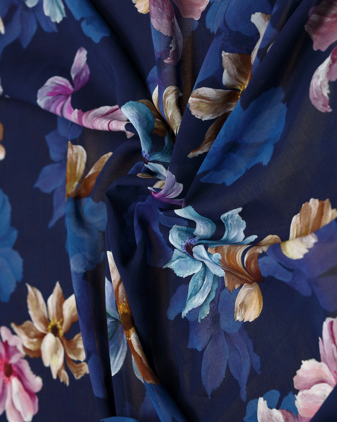Ink Blue With Contrast Flowers Printed Voile
