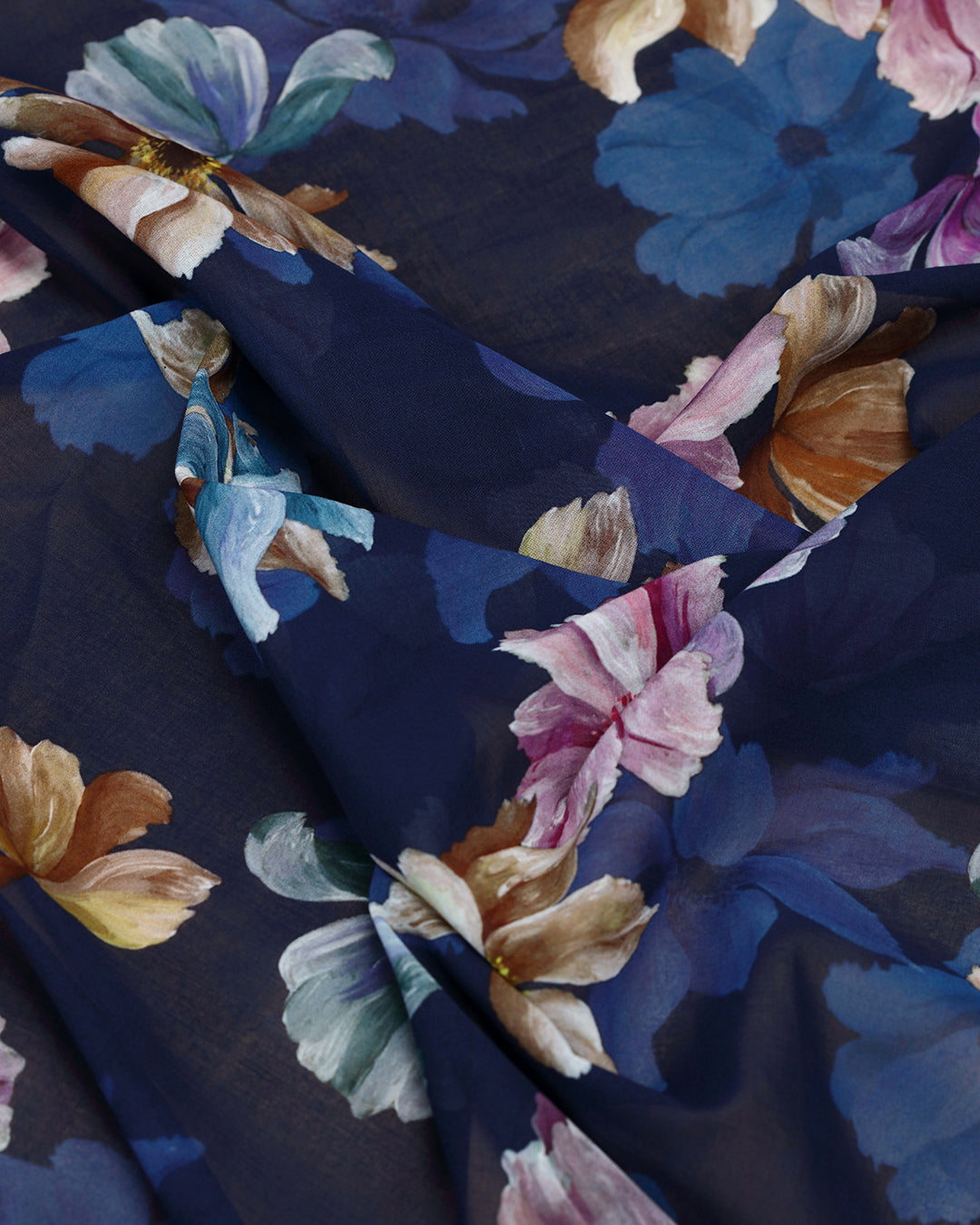 Ink Blue With Contrast Flowers Printed Voile