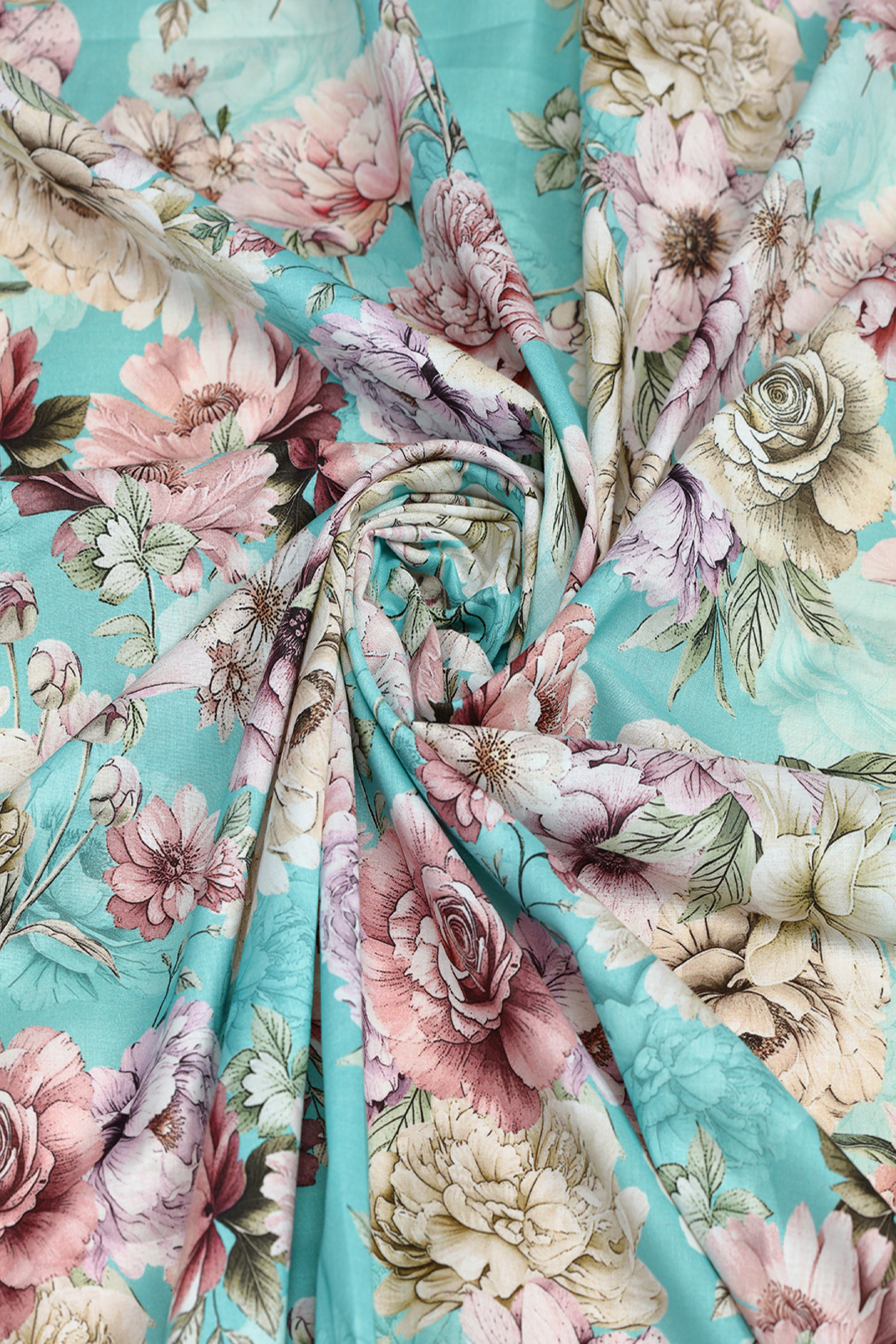Mint Turquoise Floral Printed Cotton
