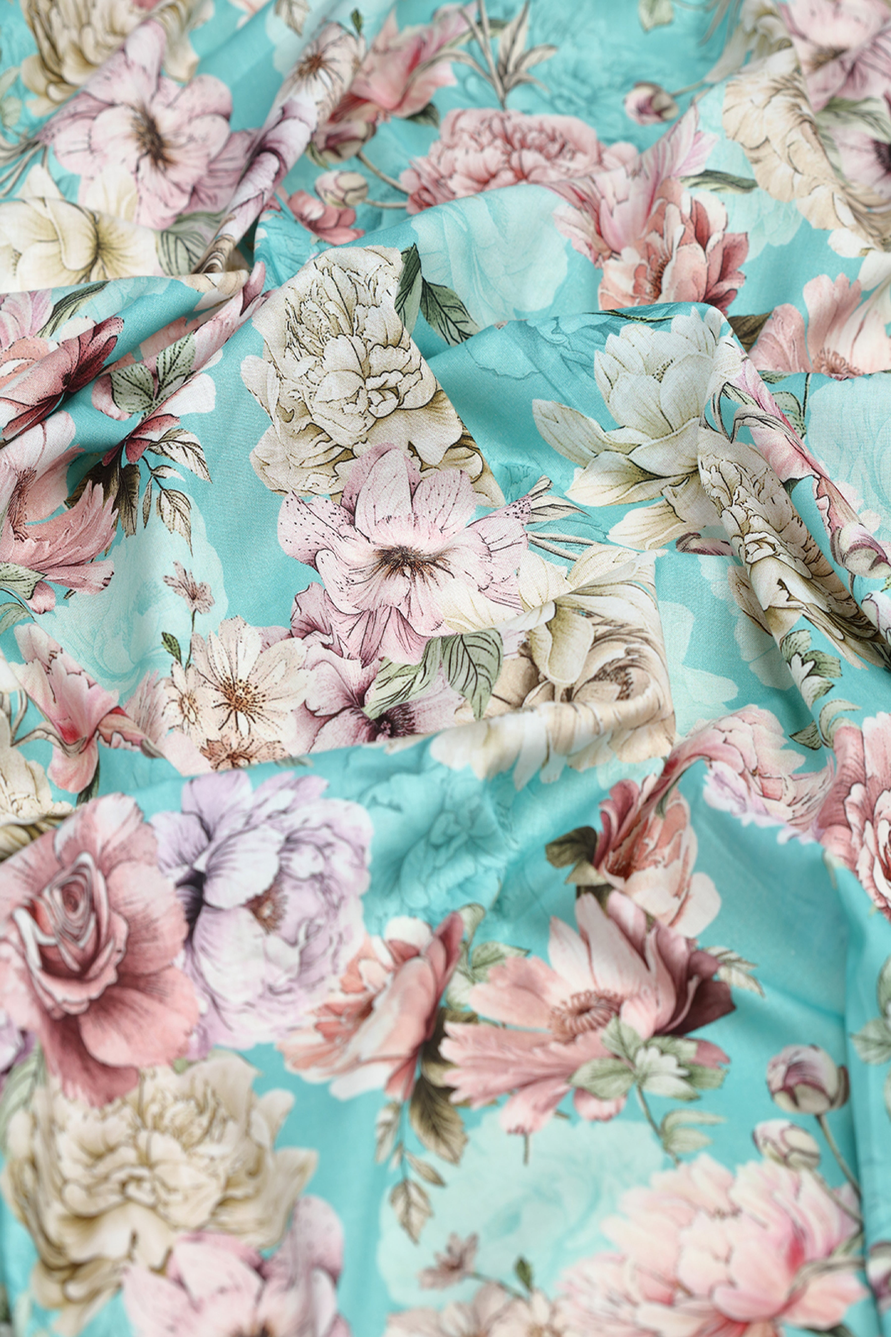 Mint Turquoise Floral Printed Cotton