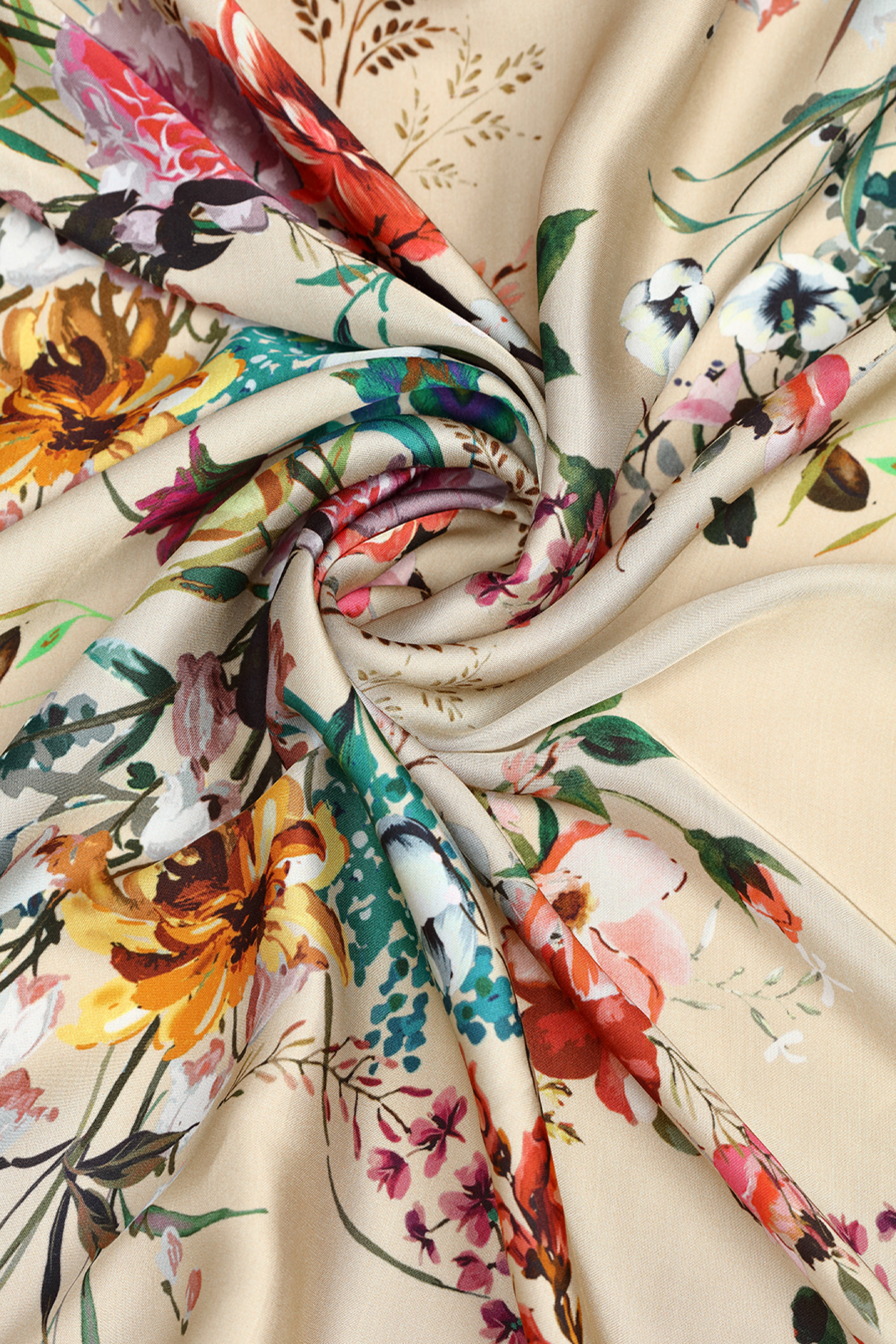 Muted Beige With Vibrant Floral Printed Modal Satin