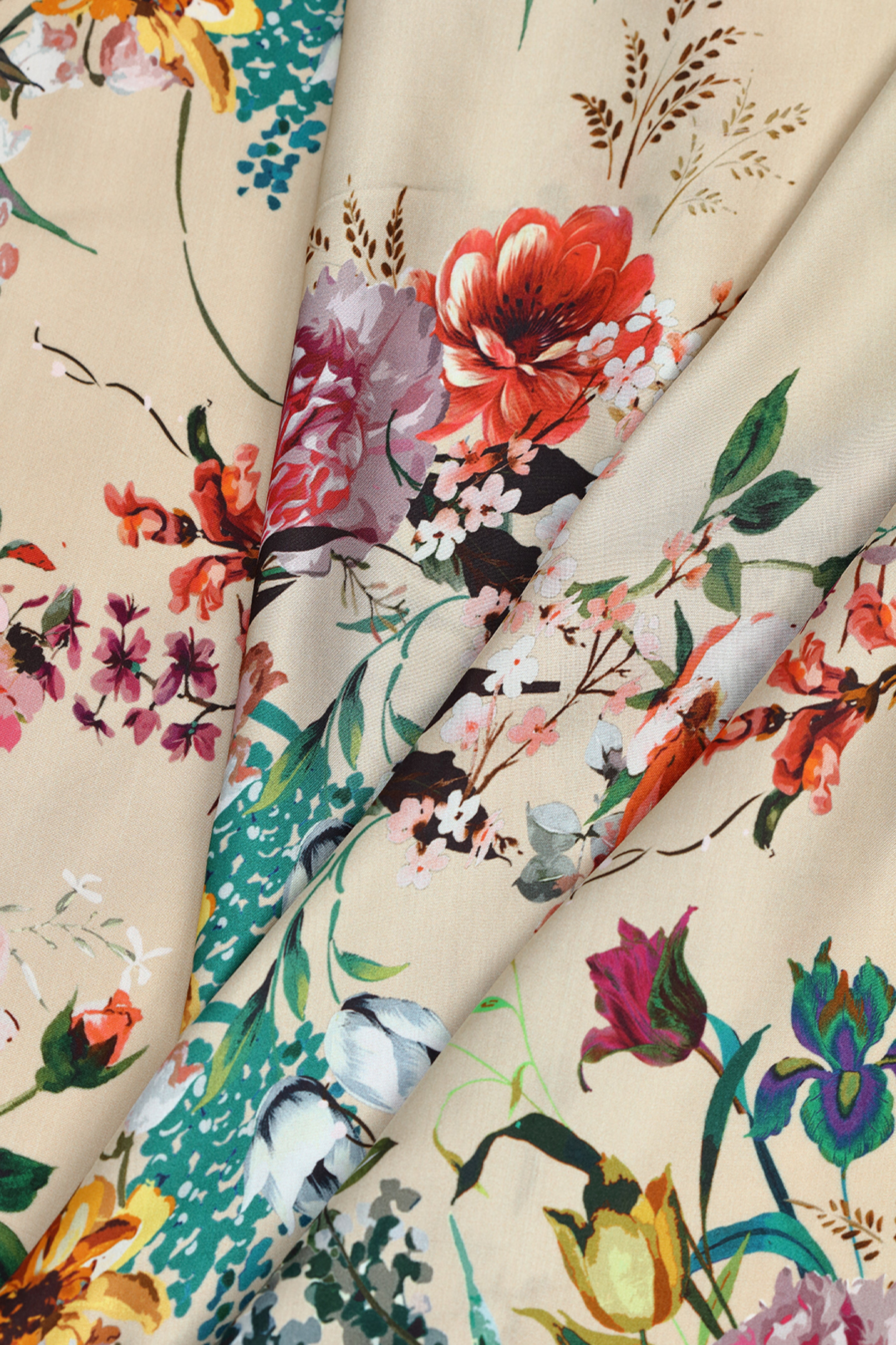 Muted Beige With Vibrant Floral Printed Modal Satin