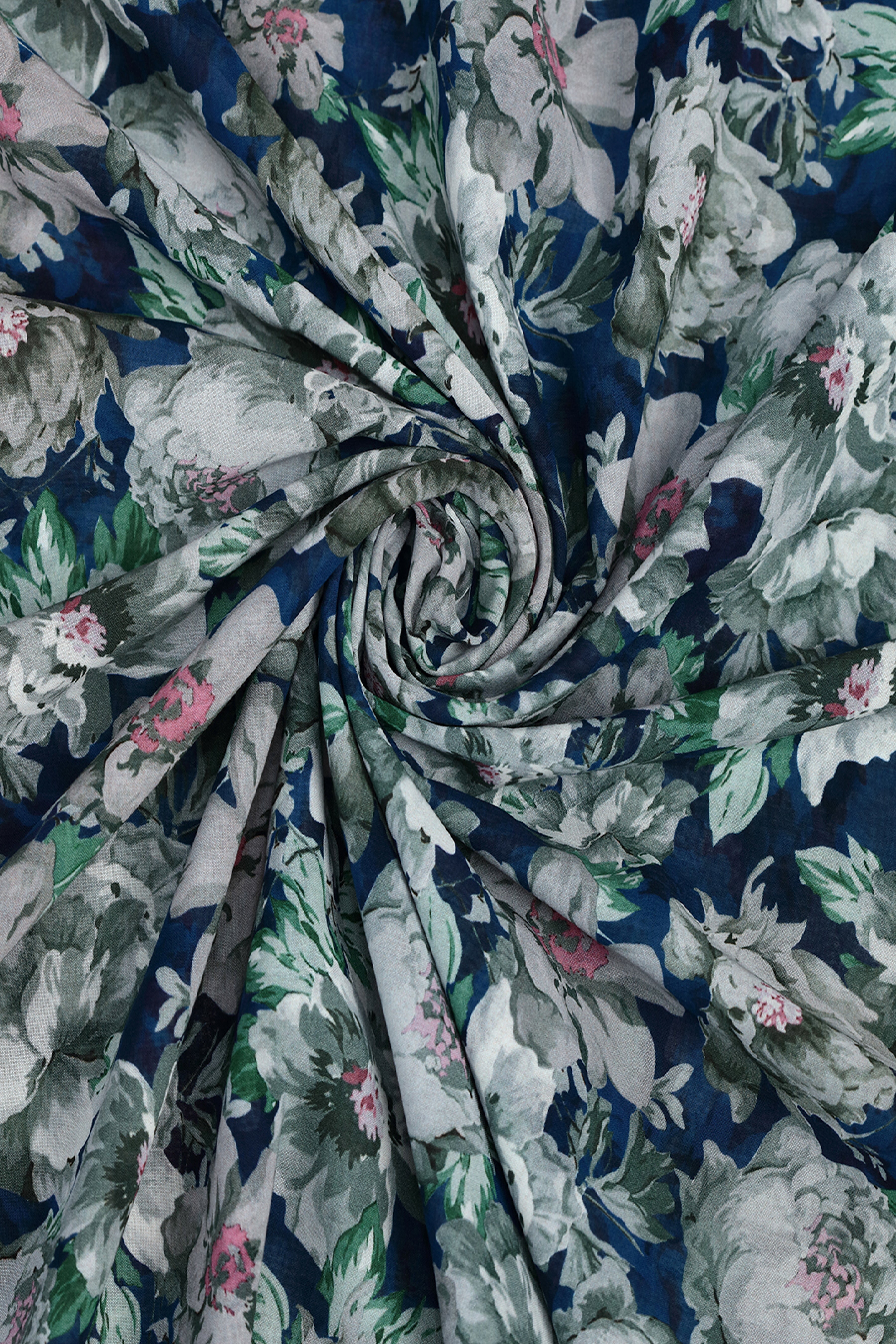 Navy Blue With Cluster Floral Print Voile