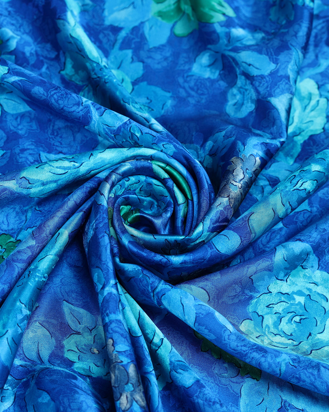 Ocean Blue With Floral Printed Pure Silk