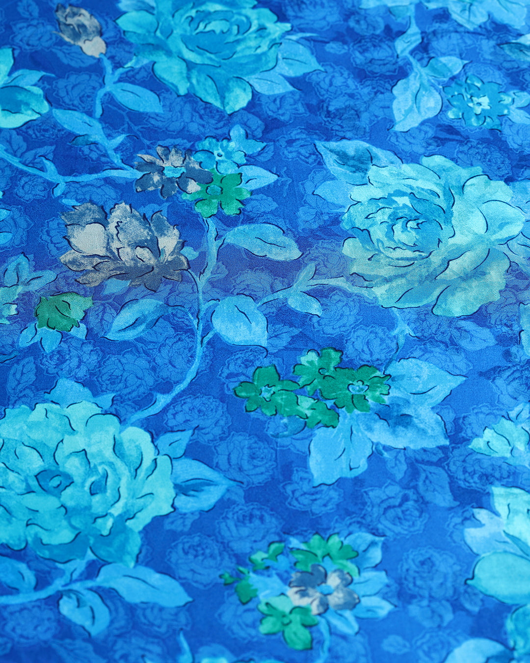Ocean Blue With Floral Printed Pure Silk