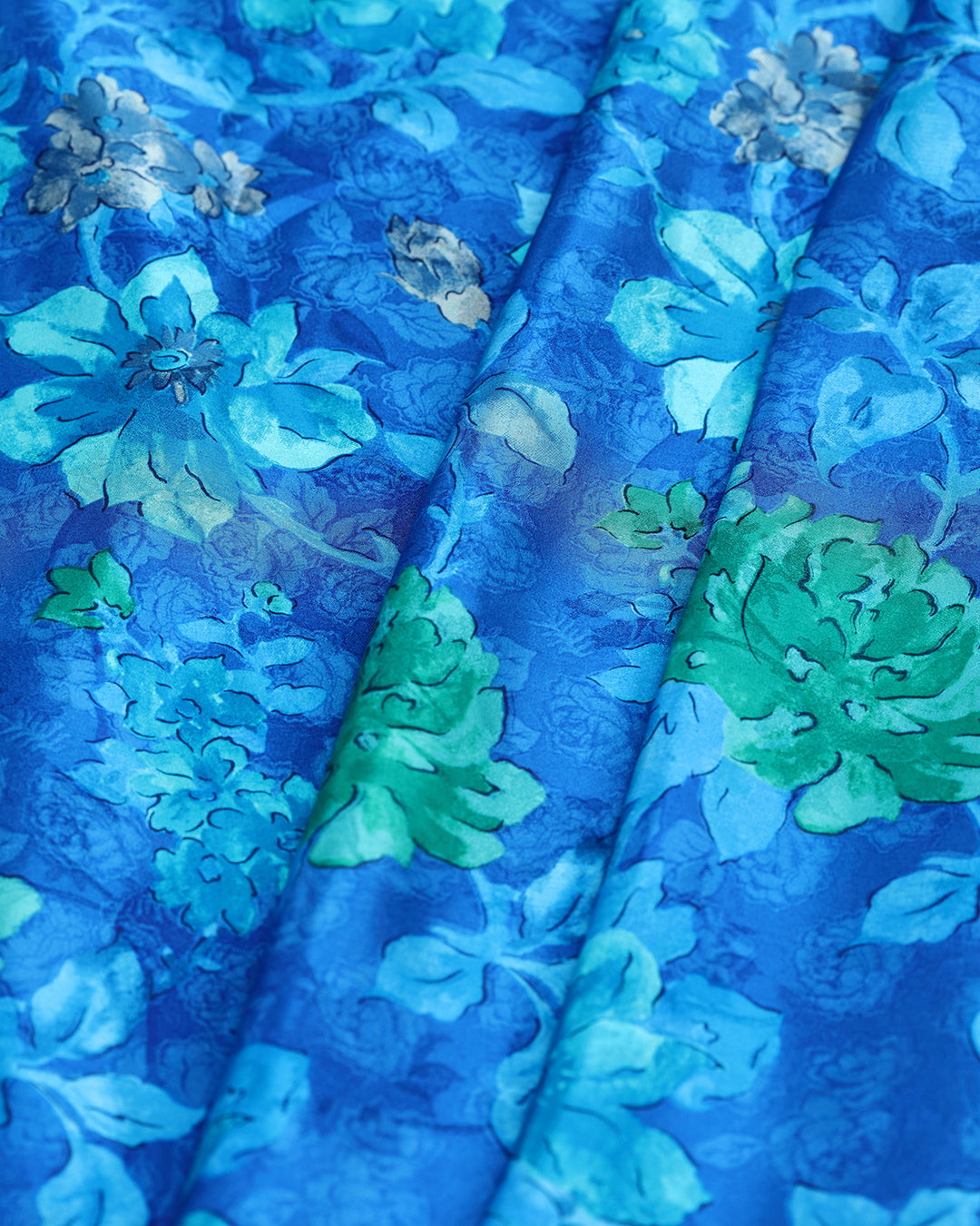 Ocean Blue With Floral Printed Pure Silk