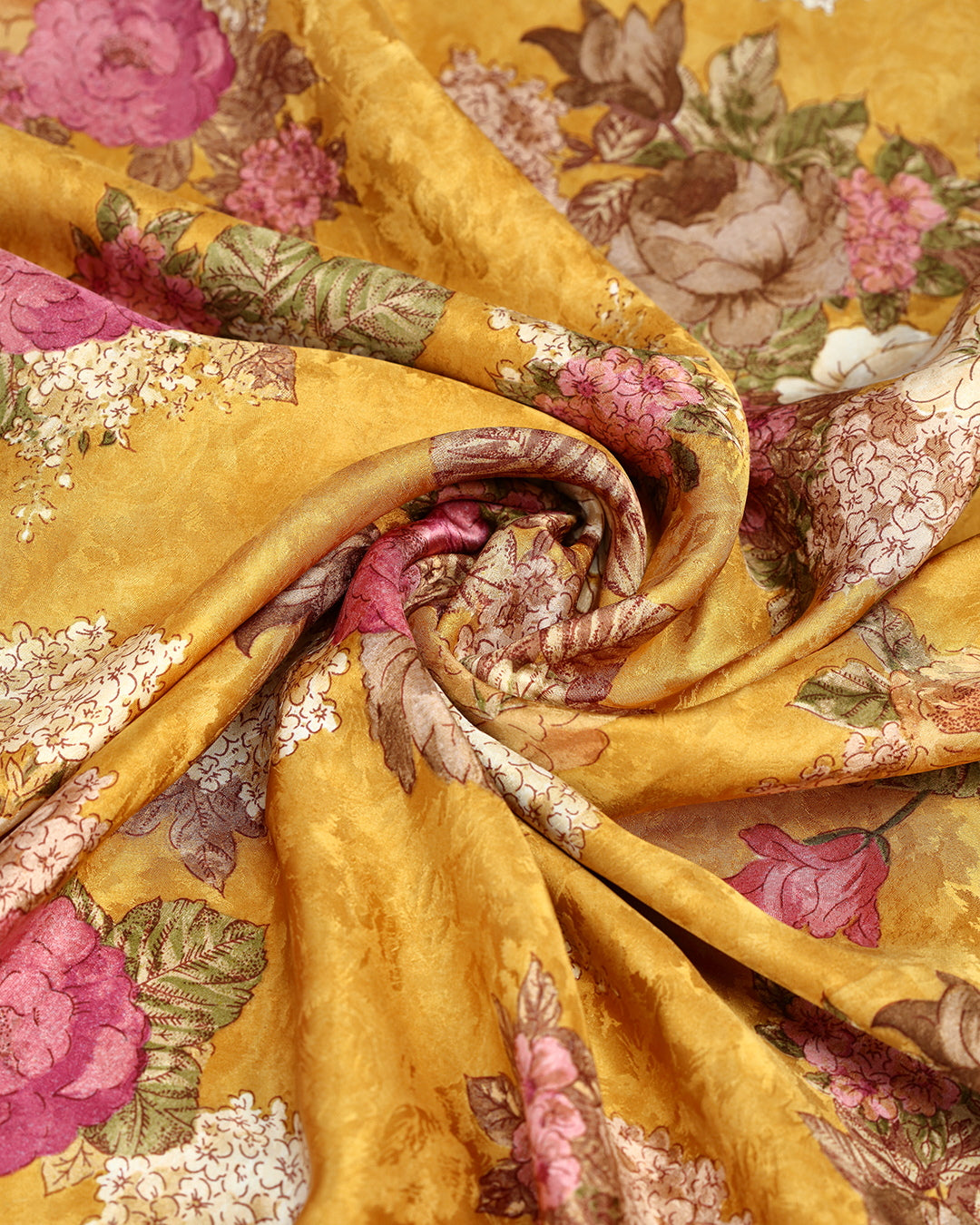 Ochre Yellow With Floral Printed Pure Silk
