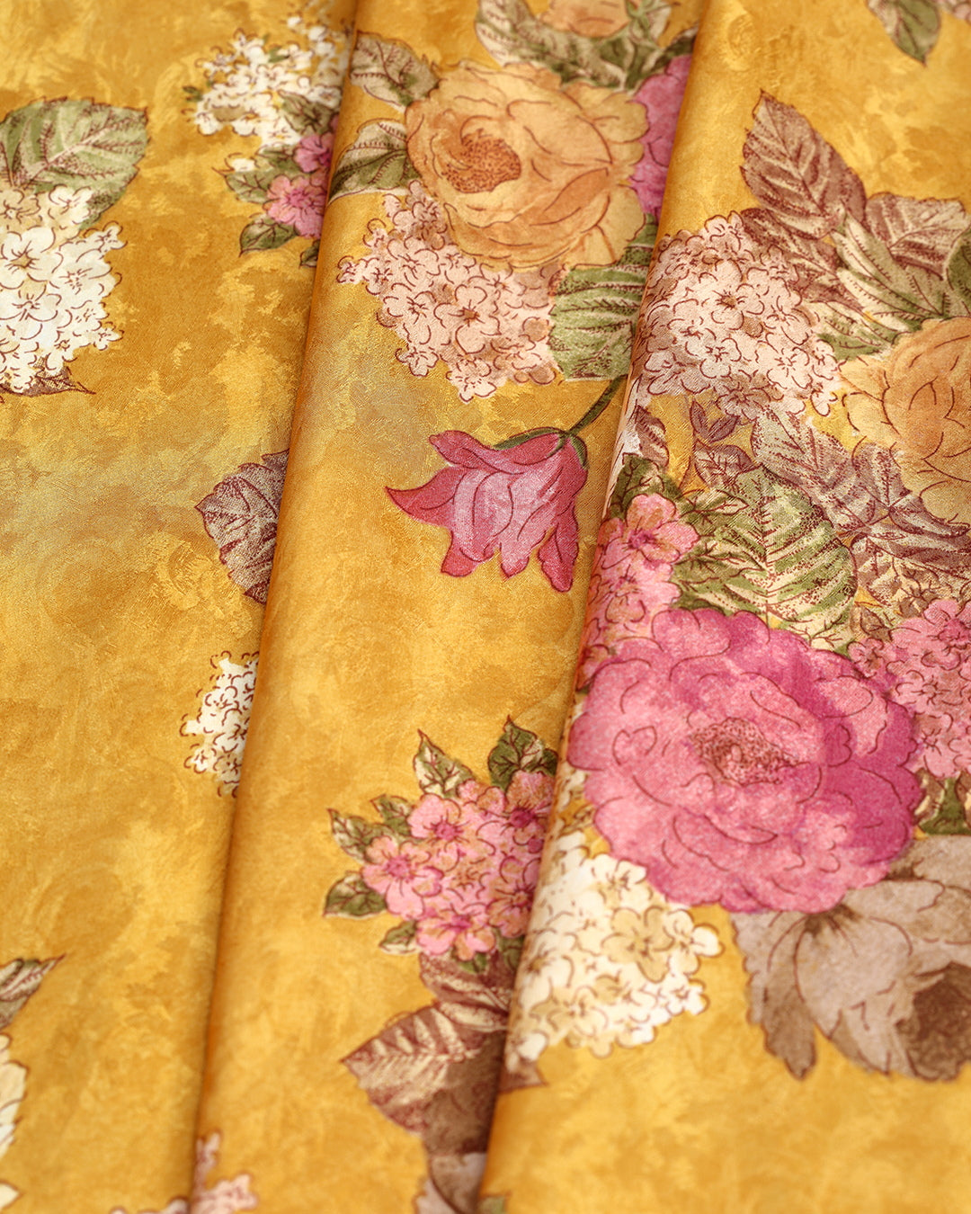 Ochre Yellow With Floral Printed Pure Silk