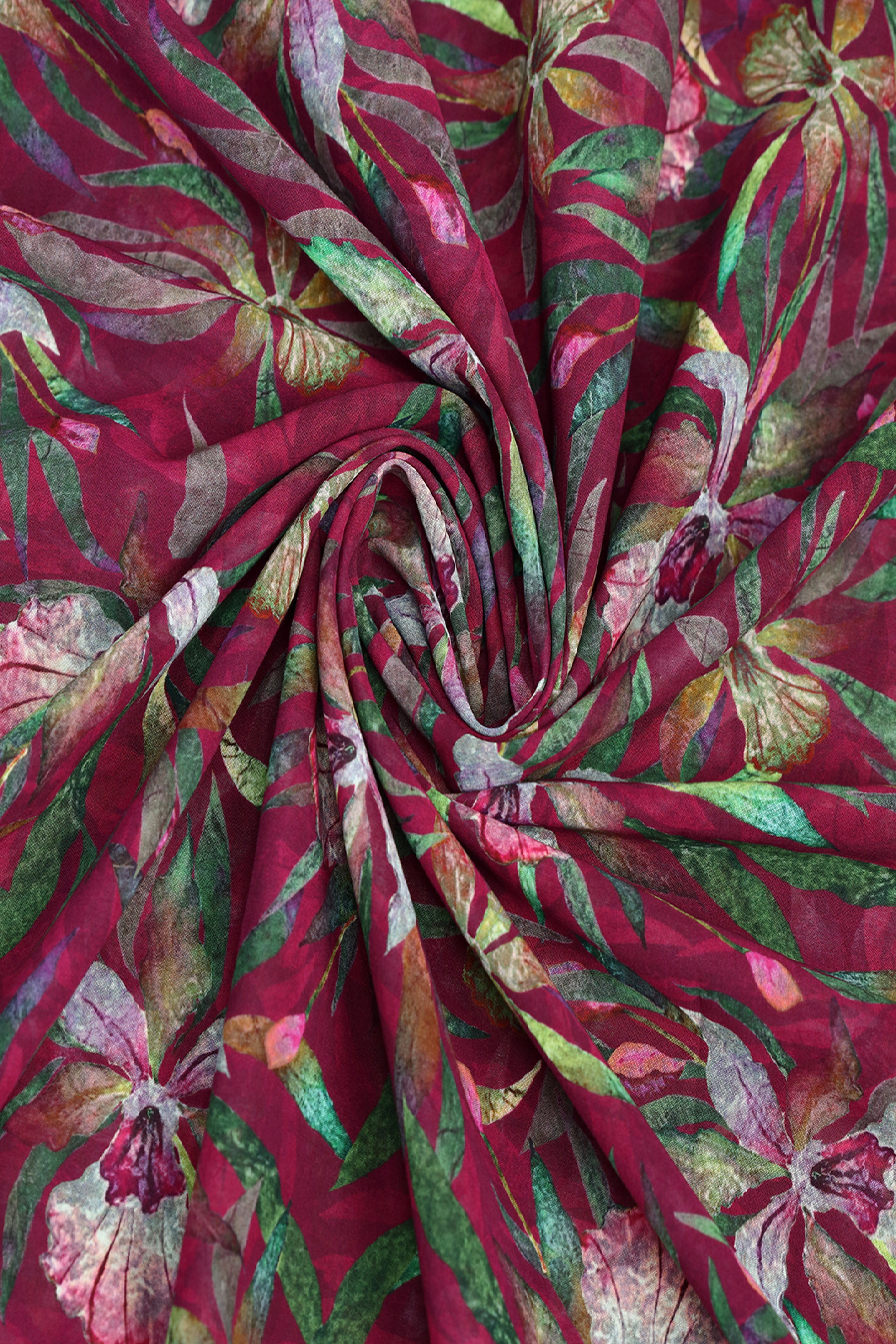 Plum Burgundy Floral Printed Voile