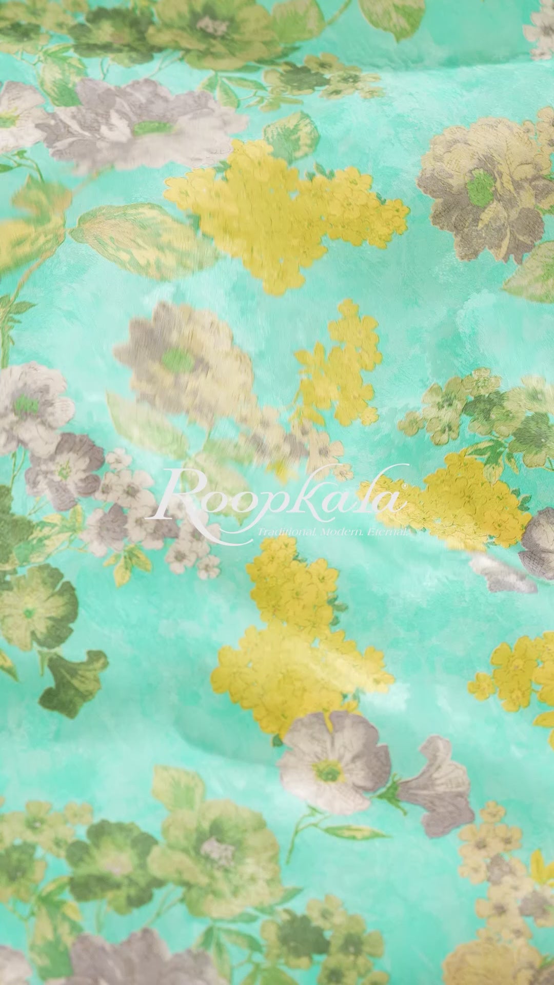Crystal Green With Floral Printed Pure Silk