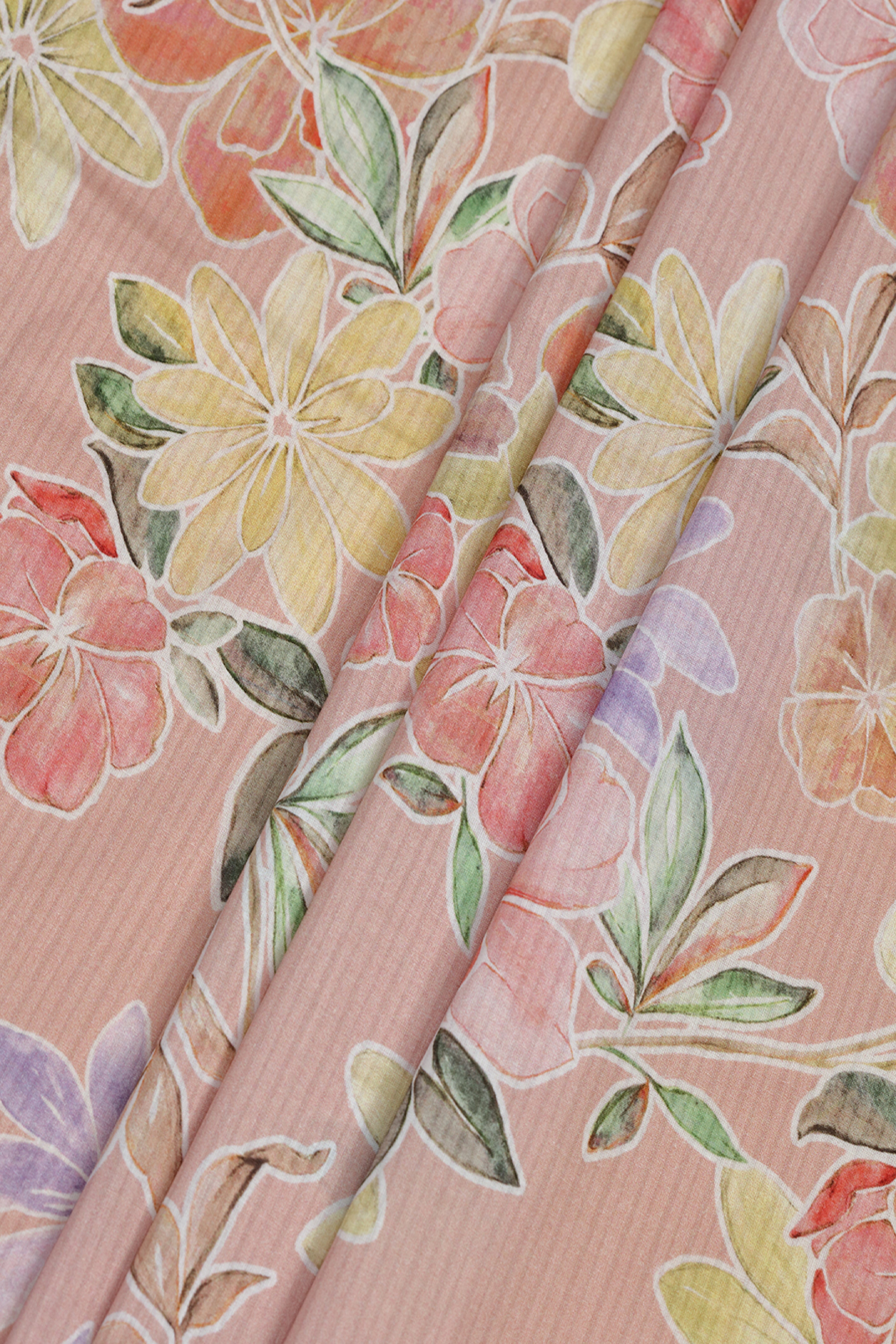 Soft Peach With Vibrant Floral Printed Cotton