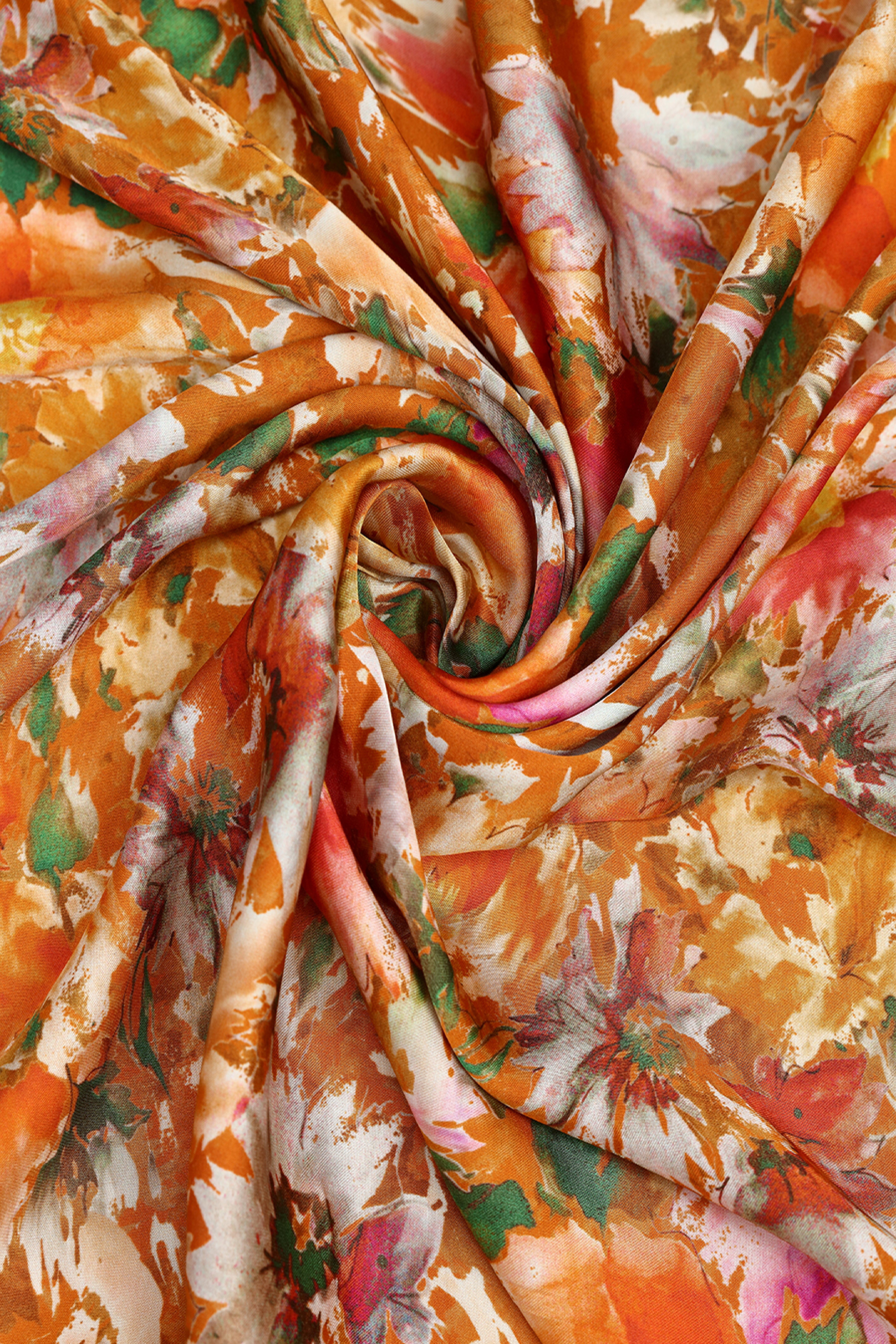 Vibrant Orange Floral Printed Modal Satin